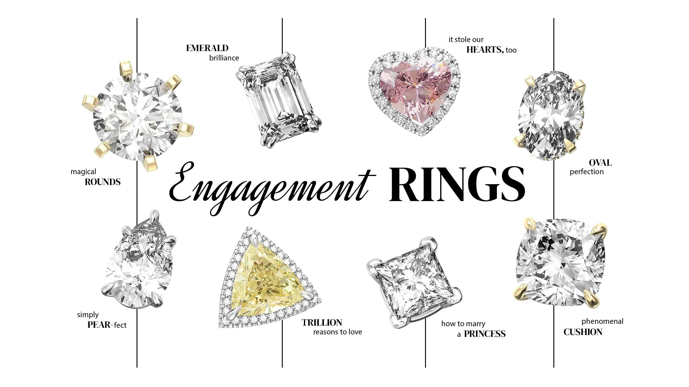collage of different engagement rings with bold text engagement rings