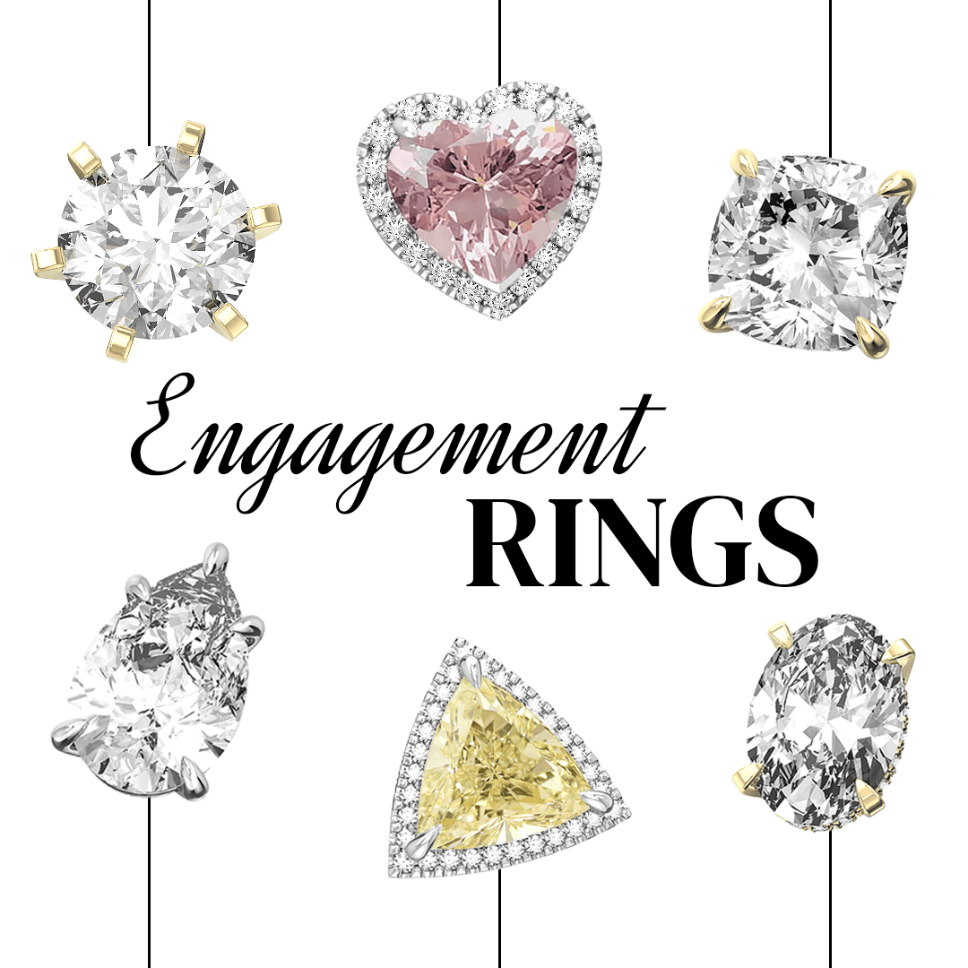 collage of different engagement rings with bold text engagement rings
