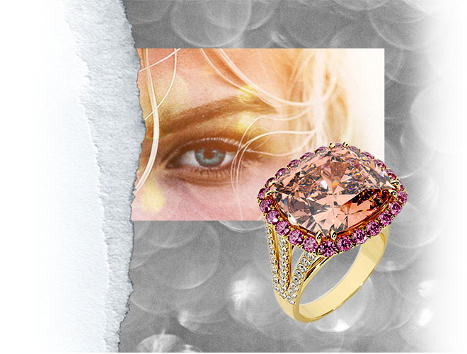 Custom jewelry design Vancouver – handcrafted gemstone ring with pink sapphire halo set in gold