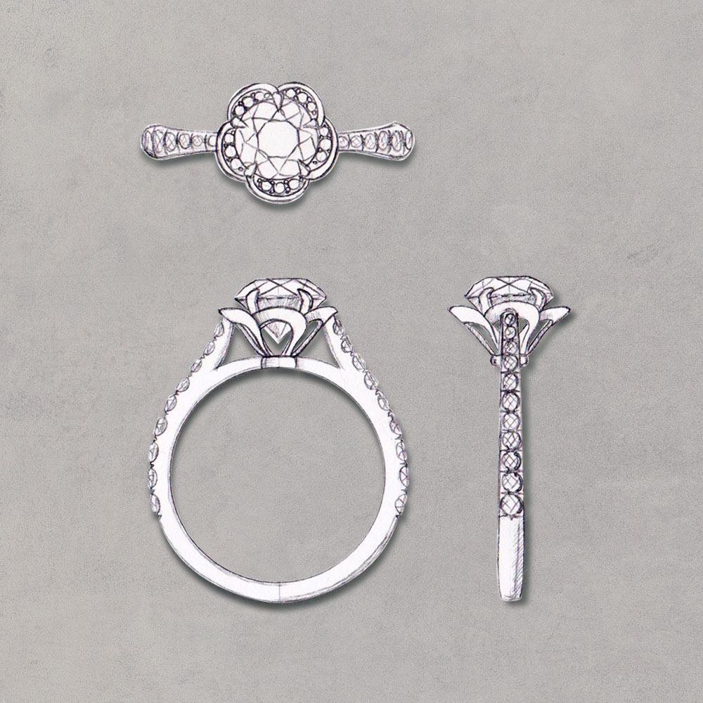 Custom jewelry design sketch of a floral engagement ring – CAD ring drawing created in our Vancouver studio