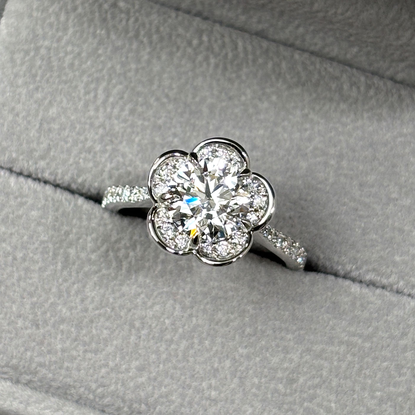 Finished custom diamond floral engagement ring handcrafted in Vancouver